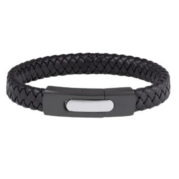 (12LB12) 12mm Mens Black Leather Stainless Steel Bangle Bracelet