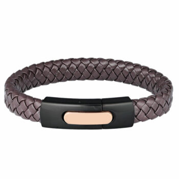 (12LBR12) 12mm Brown Leather Bracelet With Rose Gold And Black Plated Clip