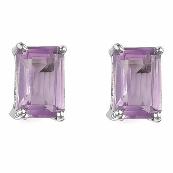 (EMS105) 6x4mm Natural Gemstone Claw-Set Rectangle Baguette Stud Earrings With Rhodium Plated Sterling Silver - 6 Choices