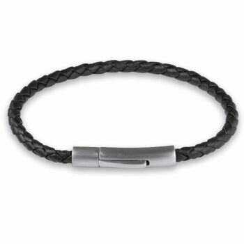 (4LB10) 4mm Mens Black Leather Stainless Steel Bangle Bracelet With Matt Clip