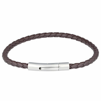 (4LBR06) 4mm Mens Brown Leather Stainless Steel Bangle Bracelet With Shiny Clip