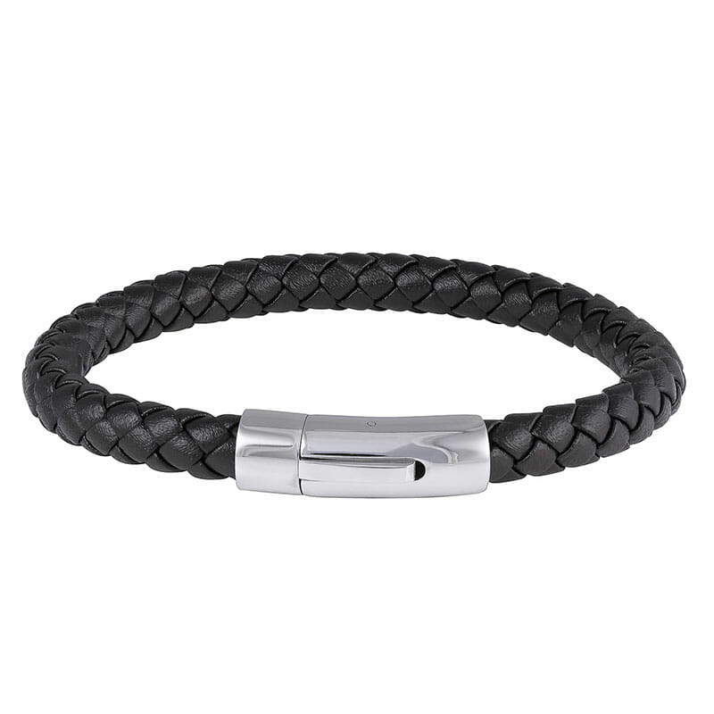 (6LB06) 6mm Mens Black Leather Stainless Steel Bangle Bracelet With ...