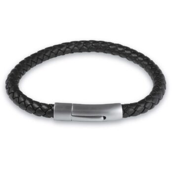 (6LB10) 6mm Mens Black Leather Stainless Steel Bangle Bracelet With Matt Clip