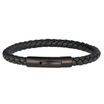 (6LB14) 6mm Mens Black Leather Stainless Steel Bangle Bracelet With Black Clip