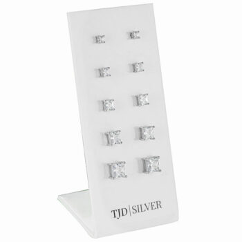 (SES114) Rhodium Plated Sterling Silver 10 Pairs Princess 4 Claw CZ Stud Set