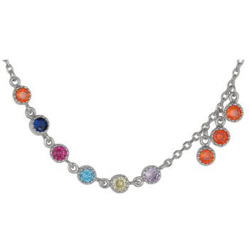 (ANK064) Rhodium Plated Sterling Silver Multi Coloured Stones With 3 Hanging Orange Stones Anklet