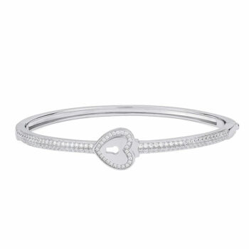 (BAN037) 3.5mm Rhodium Plated Sterling Silver Heart CZ Bangle - 63x55mm