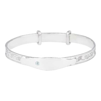 (BB002B) Rhodium Plated Sterling Silver Adjustable Baby ID Bangle With Blue CZ - 40mm