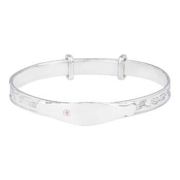 (BB002P) Rhodium Plated Sterling Silver Adjustable Baby ID Bangle With Pink CZ - 40mm