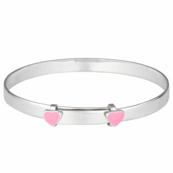 (BB003P) Rhodium Plated Sterling Silver Pink Heart Baby Bangle - 43.5mm