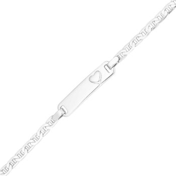 (BID036) Rhodium Plated Sterling Silver 15cm Children's Heart ID Bracelet With Anchor Chain - 23x5.5mm Engravable Plate
