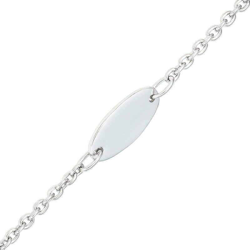 (BID037) Rhodium Plated Sterling Silver 15cm Children's ID Bracelet With Oval Plate (16x7.5mm Engravable Plate