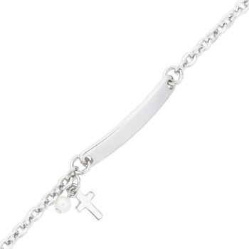 (BID038) Rhodium Plated Sterling Silver 15+3cm Children's ID Bracelet With Dangling Cross And Created Pearl - 28x4.5mm Engravable Plate