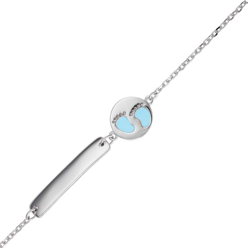 (BID061B) Rhodium Plated Sterling Silver With Blue Footprint Disk Engravable Baby ID