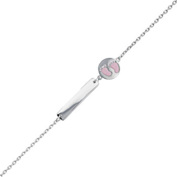 (BID061P) Rhodium Plated Sterling Silver With Pink Footprint Disk Engravable Baby ID