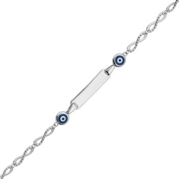 (BID062) Rhodium Plated Sterling Silver Round Blue Evil Eye Bracelet With Engravable ID Tag and Infinity Chain