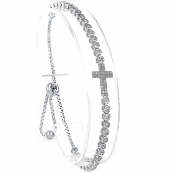 (BR209) Rhodium Plated Sterling Silver Adjustable CZ Cross Bracelet