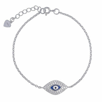 (BR210) Rhodium Plated Sterling Silver Oval 16x10mm Evil Eye Bracelet With CZ