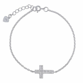 (BR214) Rhodium Plated Sterling Silver CZ Cross Bracelet - 17+3cm