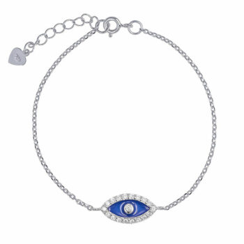 (BR218) Rhodium Plated Sterling Silver Blue Evil Eye CZ Bracelet
