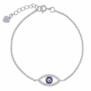 (BR220) Rhodium Plated Sterling Silver Oval Blue Evil Eye CZ Bracelet