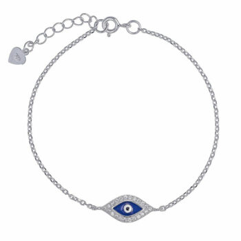 (BR221) Rhodium Plated Sterling Silver Dark Blue Enamel Evil Eye CZ Bracelet