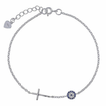 (BR222) Round Blue Rhodium Plated Sterling Silver Evile Eye and Cross CZ Bracelet