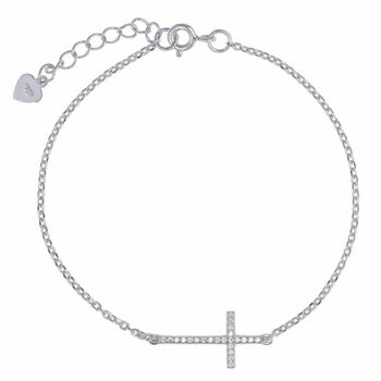 (BR246) Rhodium Plated Sterling Silver Cross CZ Bracelet