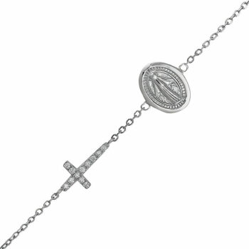 (BR247) Rhodium Plated Sterling Silver CZ Cross Bracelet With Mary Medallion