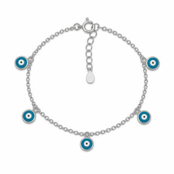 (BR279T) Rhodium Plated Sterling Silver 5 Hanging Evil Eye Bracelet 6x6mm