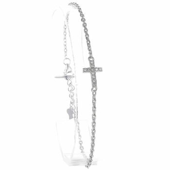 (BR317) Rhodium Plated Sterling Silver CZ Cross Bracelet