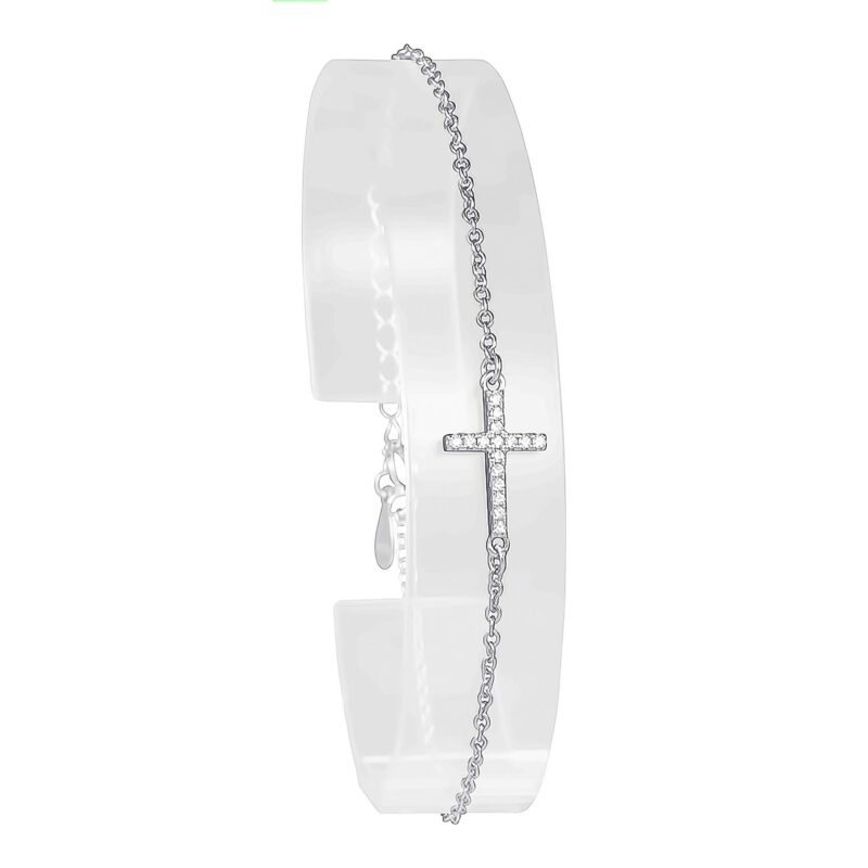 (BR330) Rhodium Plated Sterling Silver CZ Cross Bracelet