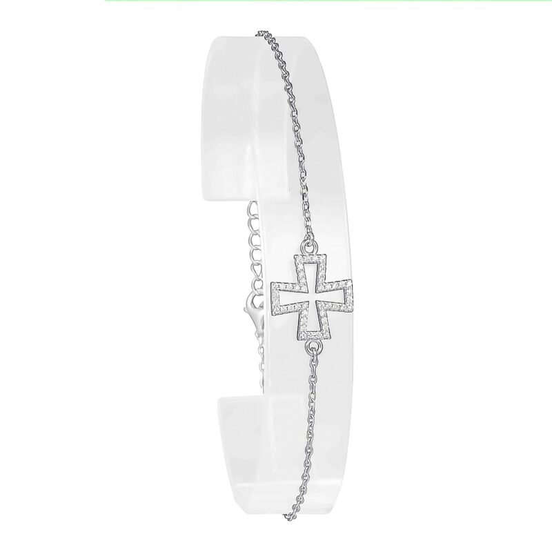 (BR347) Rhodium Plated Sterling Silver CZ Cross Bracelet