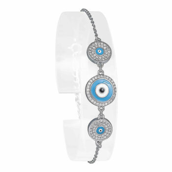 (BR352) Blue Rhodium Plated Sterling Silver Evil Eye CZ Bracelet