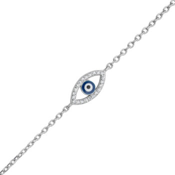 (BR386) Rhodium Plated Sterling Silver Blue Evil Eye Bracelet With CZ