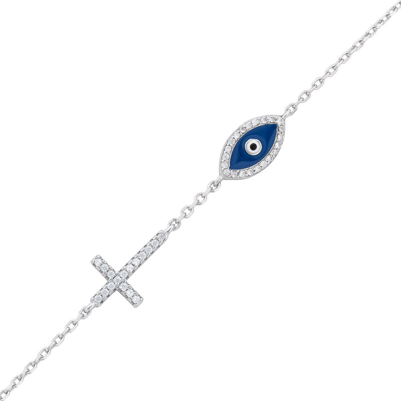 (BR392) Rhodium Plated Sterling Silver Evil Eye Cross Bracelet With CZ