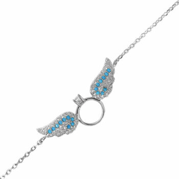 (BR416) Rhodium Plated Sterling Silver CZ Bracelet With Turquoise Wing