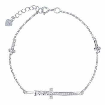 (BR445) Rhodium Plated Sterling Silver CZ Cross Bracelet
