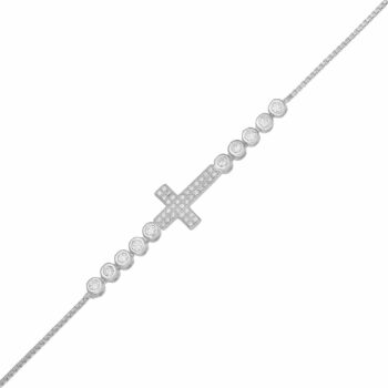 (BR450) Rhodium Plated Sterling Silver Cross Bracelet With CZ