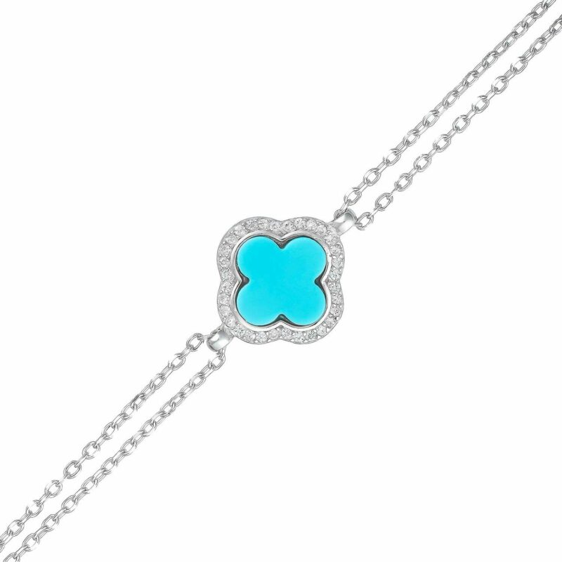 (BR456) Rhodium Plated Sterling Silver Flower Turquoise CZ Bracelet