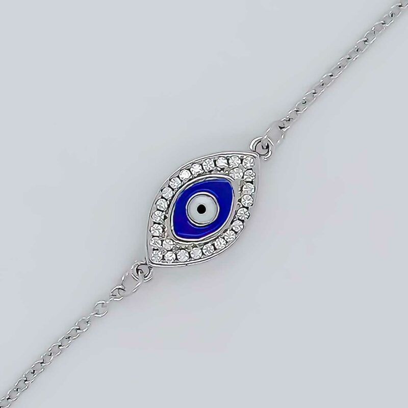 (BR464) Rhodium Plated Sterling Silver Evil Eye Bracelet 9x15mm