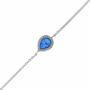 (BR470B) Rhodium Plated Sterling Silver Blue Pear Teardrop Created Opal And CZ Bracelet - 10X12mm