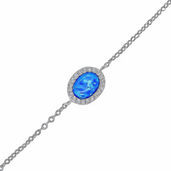 (BR471B) Rhodium Plated Sterling Silver Blue Oval Created Opal And CZ Bracelet - 9X12mm