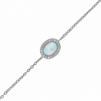(BR471W) Rhodium Plated Sterling Silver White Oval Created Opal And CZ Bracelet - 9X12mm