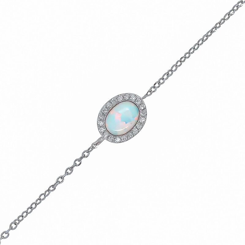 (BR471W) Rhodium Plated Sterling Silver White Oval Created Opal And CZ Bracelet - 9X12mm