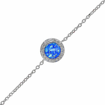 (BR472B) Rhodium Plated Sterling Silver Blue Round Created Opal And CZ Bracelet - 10X10mm