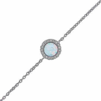 (BR472W) Rhodium Plated Sterling Silver White Round Created Opal And CZ Bracelet - 10X10mm
