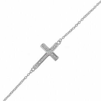(BR481) Rhodium Plated Sterling Silver Cross CZ Bracelet
