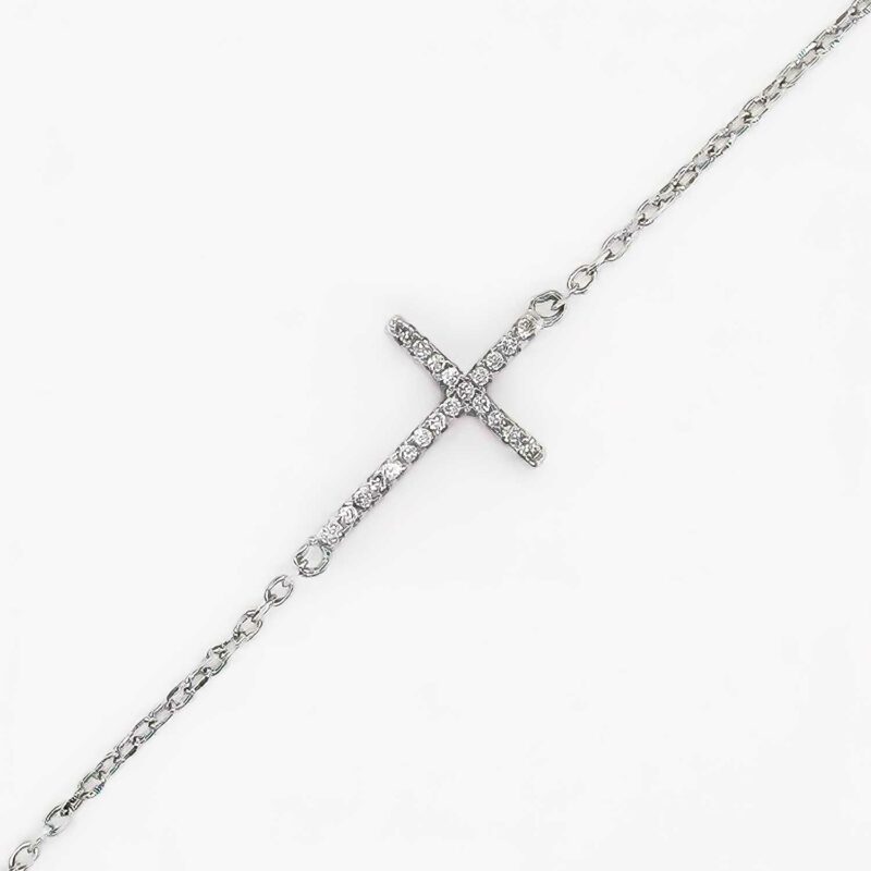(BR484) Rhodium Plated Sterling Silver Cross CZ Bracelet