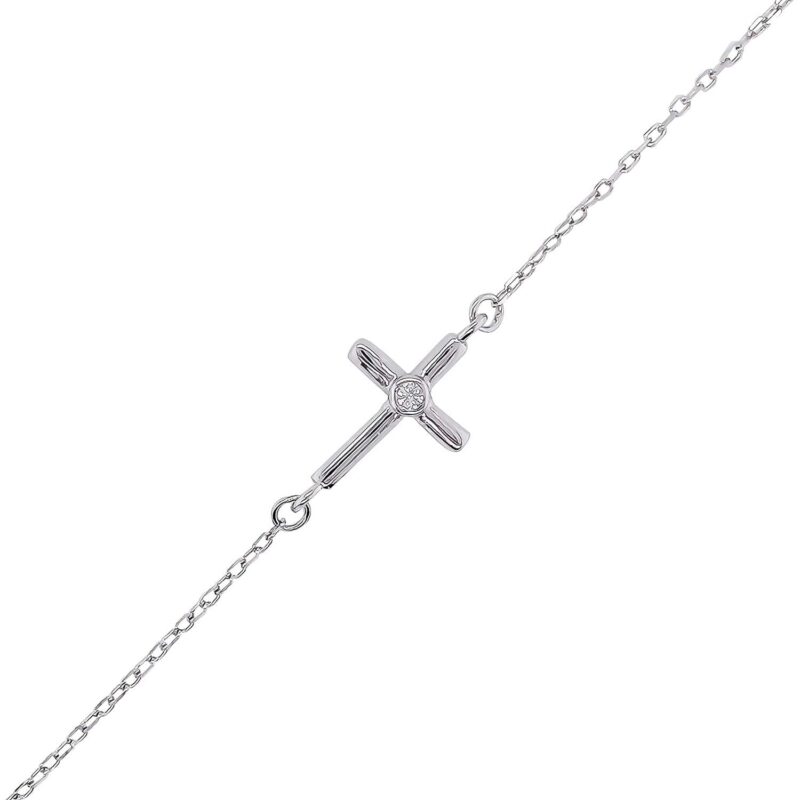 (BR487) Rhodium Plated Sterling Silver Cross CZ Bracelet